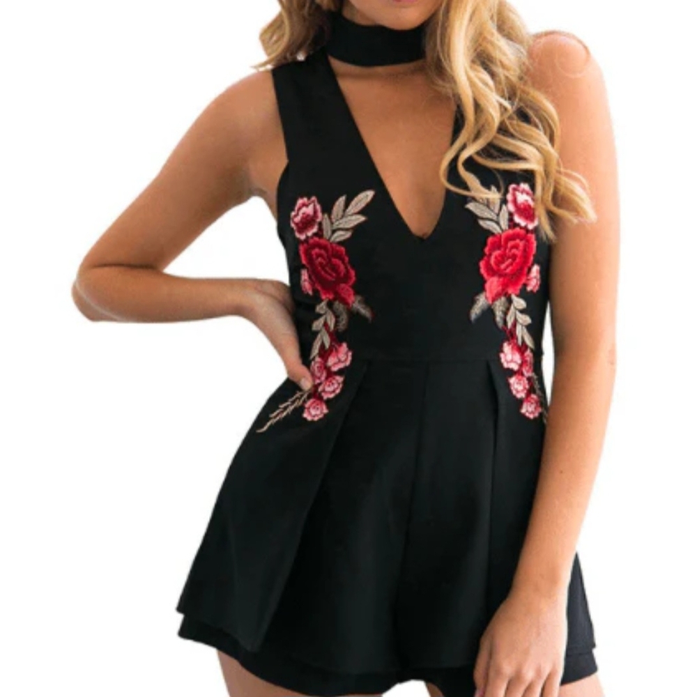 NEW Black Romper with Red Floral Embroidery by LILY ROSIE GIRL Medium